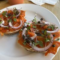 Vegan bagel with vegan salmon  at Olena Cafe in Honolulu