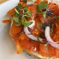 Vegan bagel with vegan salmon  at Olena Cafe in Honolulu