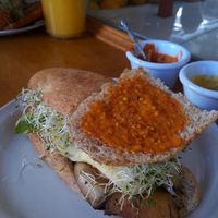 Sandwich with one of the free salsas at El Manantial in Uruapan