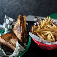Patty melt (special) and huge basket of fries at Street Beet in Detroit
