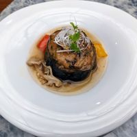 Aubergine with ganmo (fried tofu fritter made with vegetables) and savoury ankake sauce  at Ryokan Ayunosato in Hitoyoshi