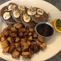 blue corn pancakes with breakfast potatoes  at Morning Glory Cafe in Flagstaff