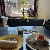 Burrito and blueberry corn flour pancakes    at Morning Glory Cafe in Flagstaff