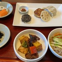Black bean, mushrooms, noodles, dumpling and pancake.  Sooo good    at Balwoo Gongyang - 발우공양 in Seoul