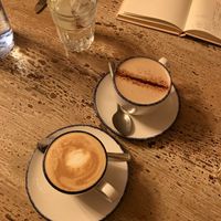 Flat white and hot chocolate (soya) at Brew Coffee in Moy