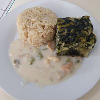 Pastel de acelga, brown rice, gravy at Vida Sana - Jesus Maria in Lima
