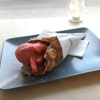 Vegan waffel corn with strawberry ice cream at Tatas in Berlin