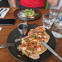 Vegan chicken pancakes with 1/2 a truffle toasty in the background. at The Green Edge Cafe and Store in Windsor