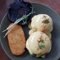 Eggs benny with extra field mushroom and hash brown at The Green Edge Cafe and Store in Windsor