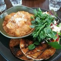 Cheese tomato gnocchi with garlic bread and salad at The Green Edge Cafe and Store in Windsor