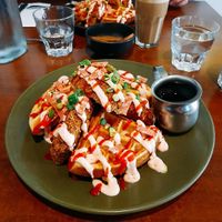 Vegan Chick'n and waffles 🤤 at The Green Edge Cafe and Store in Windsor