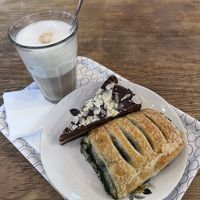 vegan Speculoos cake, vegan spinach ‘feta’ pastry & latte macchiato with oat milk  at Cool Beans in Basel