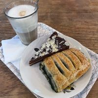 speculoos cake, spinach ‘feta’ pastry, latte macchiato   at Cool Beans in Basel