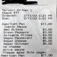 Receipt showing the extraordinary cost of 3 medium pizzas at Upper Crust in Akron