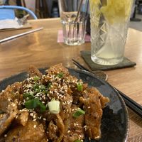 Orange “chicken” and pineapple lemonade   at Vegan Ramen Mei in Puerto Vallarta