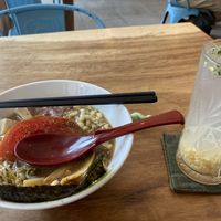 Tokyo Shoyu ramen with tofu and house ginger ale  at Vegan Ramen Mei in Puerto Vallarta