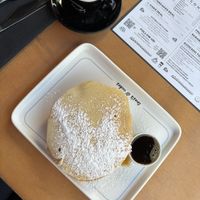 Vegan pancakes and coffee with almond milk   at Mugs & Co in Milan