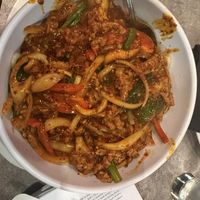 Red curry soy curl noodles!  at Kung POW in Portland