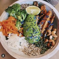 Satay protein bowl at Winners Vegan Restaurant in Athens