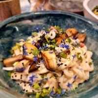 Thai noodles with coconut cream at Winners Vegan Restaurant in Athens