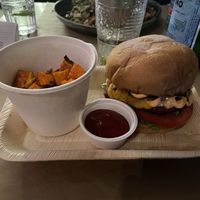 Vegan Beyond Cheese Burger with sweet potatoes  at Winners Vegan Restaurant in Athens