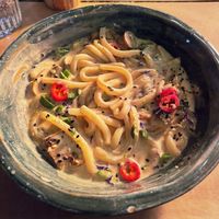 Miso Mushroom Noodles Bowl  at Winners Vegan Restaurant in Athens
