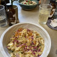Sweet Pumpkin Pasta and Miso Mushroom Noodles  at Winners Vegan Restaurant in Athens