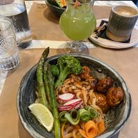 Spicy meatball (and Hawaiian poke bowl in the background)  at Winners Vegan Restaurant in Athens