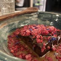 The brownie with peanut butter sauce  at Winners Vegan Restaurant in Athens