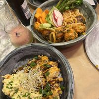 Soup of the day, spicy meatballs, dynamite chicken   at Winners Vegan Restaurant in Athens