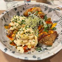 Dynamite entree. Fried “chicken”, Mac salad, furikake, spicy mayo, sriracha over sushi rice.  at Winners Vegan Restaurant in Athens