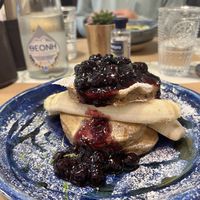 Pancakes with blueberry and banana.  at Winners Vegan Restaurant in Athens