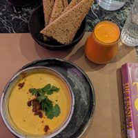 Butternut squash soup at Winners Vegan Restaurant in Athens
