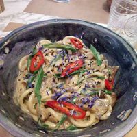 Mushroom noodles at Winners Vegan Restaurant in Athens