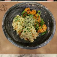 Macaroni salad and marinated seitan at Winners Vegan Restaurant in Athens