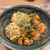 Weird combo of crispy seitan, sushi rice and Mac and cheese (?)  at Winners Vegan Restaurant in Athens