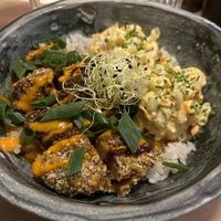 Dynamite Korean-style vegan chicken with mac & cheese and rice  at Winners Vegan Restaurant in Athens