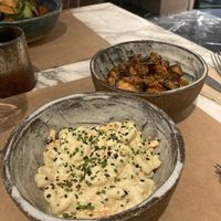 Mac salad and potatoes  at Winners Vegan Restaurant in Athens