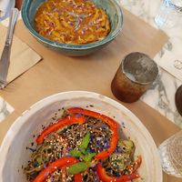 Pumpkin pasta + Cold soba noodles at Winners Vegan Restaurant in Athens