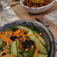 Curry noodles and spicy "meat"balls with noodles at Winners Vegan Restaurant in Athens