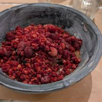 Raw brownie topped with frozen raspberries at Winners Vegan Restaurant in Athens