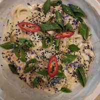 Mushroom miso noodles. at Winners Vegan Restaurant in Athens