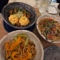 Dynamite seitan, miso udon and dish of the day that was a sweet curry with cashew - super rich and creamy at Winners Vegan Restaurant in Athens