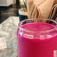 Pink Pataya, with raspberries, mango, chia seeds, and coconut milk at Winners Vegan Restaurant in Athens