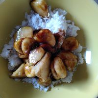 Our puttu (coconut, rice flour and cumin seeds) with sugar, banana and pear at Coconut Lagoon in York