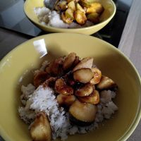 Our puttu (coconut, rice flour and cumin seeds) with sugar, banana and pear at Coconut Lagoon in York