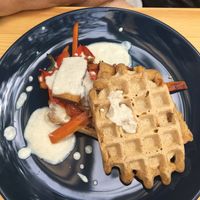 Salty waffles mit Joghurt, Gemüse und Räuchertofu.  at Café Rebel Milo in Leipzig