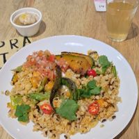 Rice, beans, chilli, fried pumpkin, orange juice (with honey!!) And lemon cake as desert at Pratada  in Sao Paulo