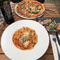 Vegetarian pizza, penne pasta, and bruschetta - all sub vegan cheese   at Bistro Bianconi in Sligo