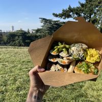 Dinner vegan Bento box filled with six sushis, edamame, two lil’ spring rolls, a potato smash, rice noodles salad and some kind of soj cake (12€ ready in 5min)  at Itadakizen Paris in Paris